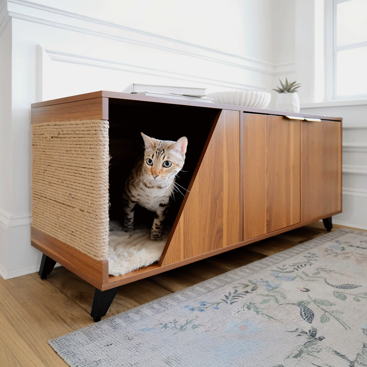 猫トイレ収納キャビネット (爪とぎ付き)JESSIE